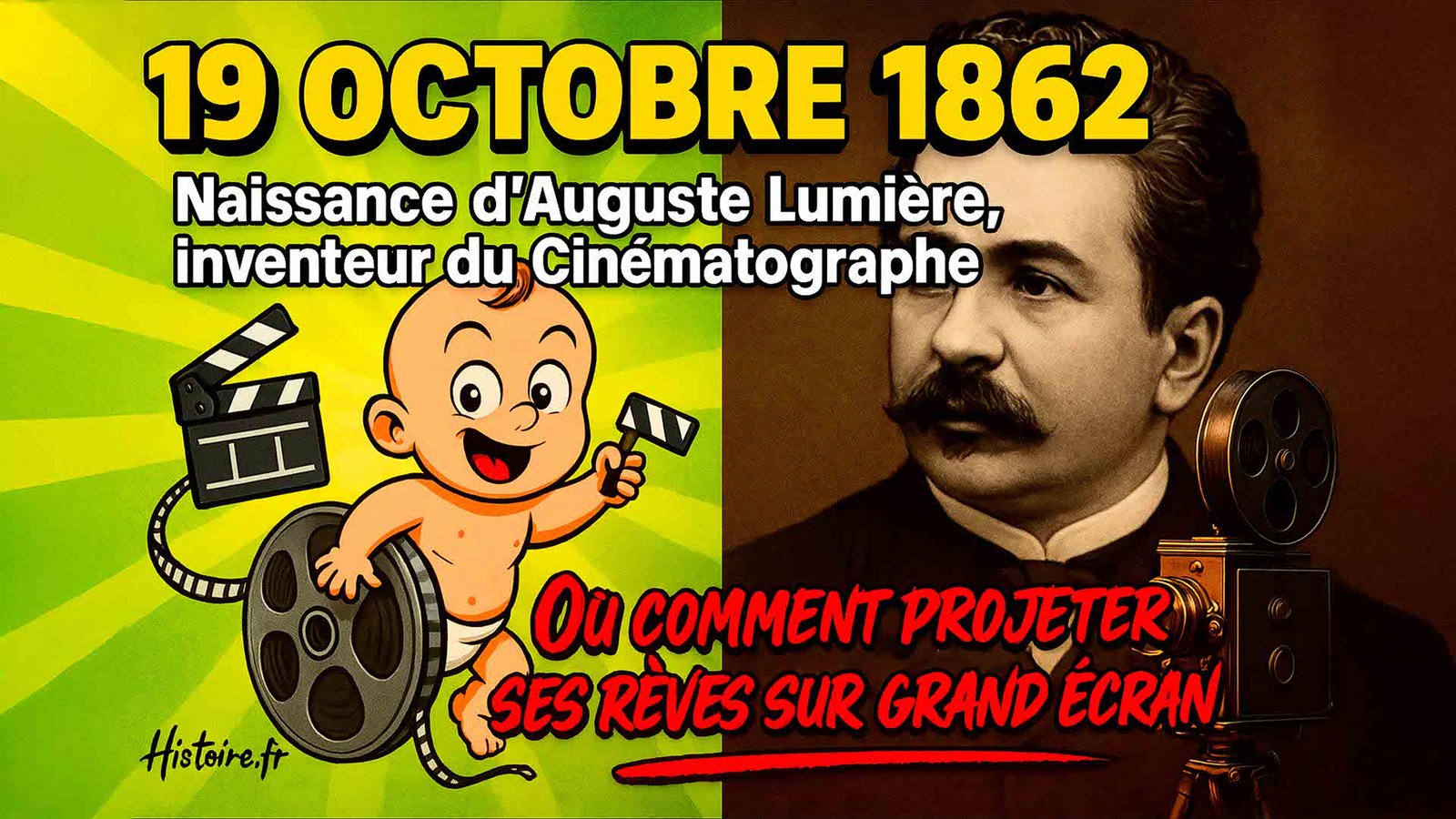 🕯️ 19 Octobre 1862 : naissance d’Auguste Lumière, qui projettera très tôt ses rêves sur grand écran (Jeux de mots, décalé, humour de situation, références cinéphiles, absurdités historiques) 🅐 PARTIE A – Parodie journalistique humoristique 🎬 Le bébé Lumière, ou l’enfant qui voyait flou (puis net à 24 images/seconde) Lyon, 1862. Un cri retentit dans la maternité. Ce n’est pas celui d’un bébé… mais celui d’un projectionniste, choqué de voir un nourrisson sortir déjà en format 4:3. "Il est arrivé avec un clap et une pellicule ombilicale !", aurait crié la sage-femme, en rembobinant le cordon comme une bobine de Pathé-Gaumont. Auguste Lumière, ainsi prénommé en hommage à l'éclairage public de la ville de Lyon (ou pas), naît sous le signe du cinéma, à une époque où les écrans étaient en papier et les pubs… uniquement murales. 🎥 Une jeunesse entre ombres et pellicule Très tôt, Auguste ne joue pas avec des cubes comme ses camarades, mais avec des lentilles, des prismes et des projecteurs artisanaux montés sur son cheval à bascule. Sa première invention ? Une boîte à meuh qui diffuse aussi la bande-annonce. "Vers 4 ans, il refusait de dormir sans générique de fin", témoigne son arrière-petite-nièce fictive. Son frère Louis, jaloux, invente le bouton “pause” pour lui couper la chique. L'ambiance à la maison ? Moins “Les Frères Lumière” que “Les Frères Fracture”. 🎞️ Le grand écran… dans le berceau Selon certaines légendes douteuses transmises de bouche en bouche (et amplifiées par TikTok Histoire™), le petit Auguste aurait projeté ses premiers rêves sur un mur de chambre, à l’aide d’une veilleuse et d’un miroir concave. Il aurait même murmuré : "Un jour, les gens paieront pour voir des trains arriver à la gare." Et ils l’ont fait. (Spoiler : ils ont aussi payé pour voir des Minions, donc tout espoir n’est pas perdu.) 🍿 Auguste, l’homme qui a vu l’homme voir le film Avec son frère Louis, Auguste invente le Cinématographe. Le duo révolutionne l’image animée, enchaînant les succès : “La Sortie de l’usine Lumière à Lyon” (préquel de “Burn-out chez Renault”) “L’Arroseur arrosé” (influence directe de “Jackass”) “Bébé mange sa soupe” (inspiration évidente de “Top Chef Kids”) Le public est ébahi, certains crient au miracle, d'autres au démon : on parle même de spectateurs ayant fui la salle, croyant que le train allait sortir de l’écran. Spoiler : c’était pas encore de la 4DX. 🎞️ Du rêve au mythe, d’Auguste à l’Avatar Aujourd’hui, sans Auguste, pas de cinéma. Pas de Spielberg. Pas de “Fast & Furious 11 : L’inflation contre-attaque”. Pas de débat sur la fin de “Inception”. Pas de popcorn à 9,80 €. Bref, pas de culture… sauf TikTok, mais là c’est une autre dystopie. 🅑 PARTIE B – Traitement réaliste 📜 Qui était vraiment Auguste Lumière ? Auguste Lumière est né le 19 octobre 1862 à Besançon. Fils d'Antoine Lumière, un industriel et photographe, il étudie très tôt la chimie et la photographie, domaines dans lesquels il excelle. Avec son frère Louis, ils sont mondialement connus comme les pionniers du cinéma. En 1895, ils présentent leur invention majeure : le Cinématographe, capable d’enregistrer, développer et projeter des images animées. Contrairement à une idée répandue, Louis est le plus technique des deux, Auguste s’occupant davantage de la partie scientifique et médicale (il s’intéressera notamment à la microbiologie et à la radiographie). Leurs premiers films, comme “L’Arroseur arrosé” ou “La Sortie de l'usine Lumière”, sont des jalons majeurs dans l’histoire du cinéma, même s’ils voyaient l’invention plus comme une curiosité scientifique que comme un art à part entière. 🎞️ Héritage Bien qu’ils aient rapidement laissé le développement du cinéma à d’autres, les frères Lumière restent une référence incontournable. Le festival Lumière à Lyon, la cinémathèque, et de nombreuses institutions rendent hommage à leur contribution fondatrice. www.historire.fr