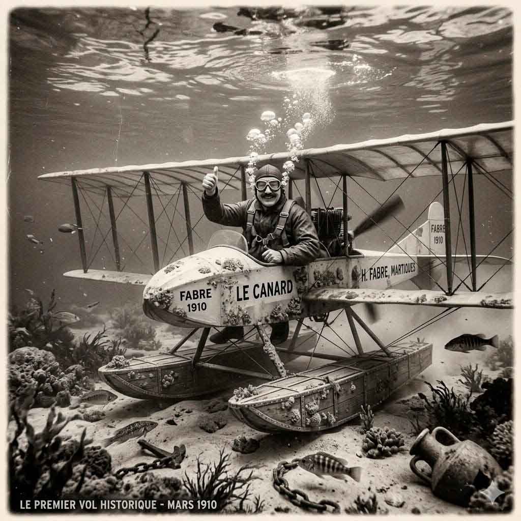 Henri Fabre à bord du Canard lors du premier vol en hydravion en 1910